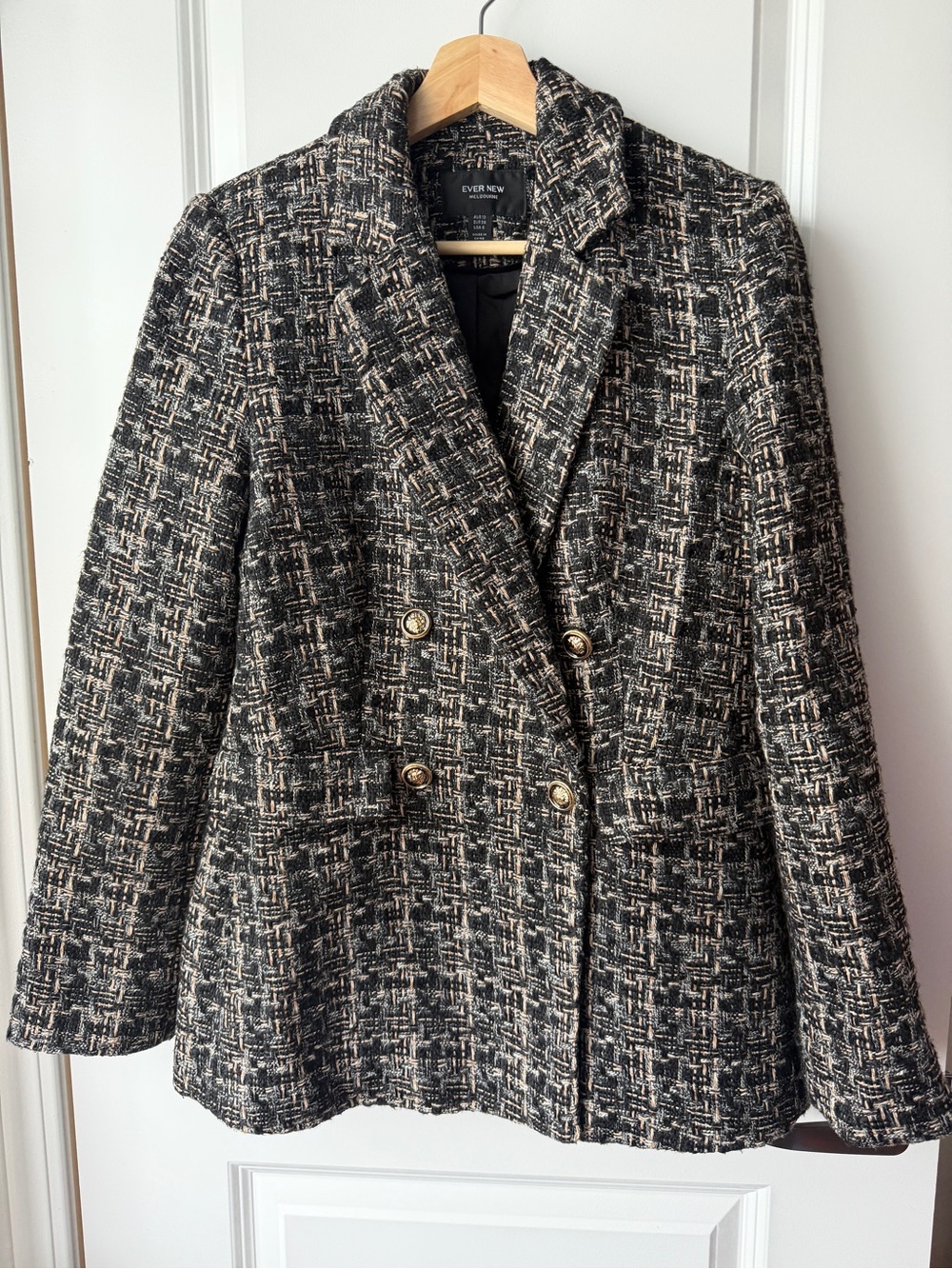 Ever New Melbourne Tweed Double Breasted Blazer Size 6 Black Beige Gold Buttons